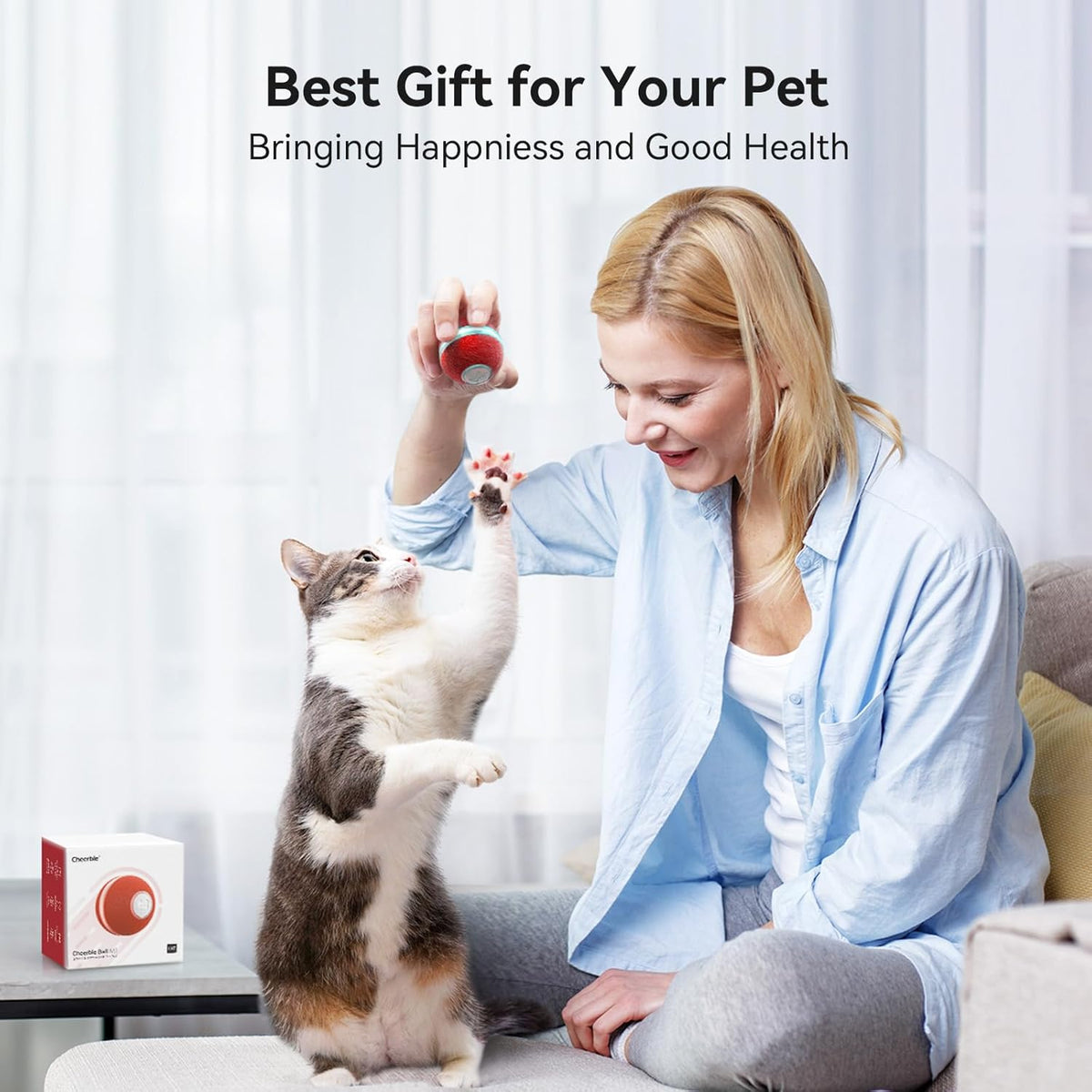 Interactive Cat Ball Toy, Automatic Moving Ball Toy for Indoor Cat Kitten, Electric Pet Toy Fun Gift with Light, High Energy Cat Toys, Red