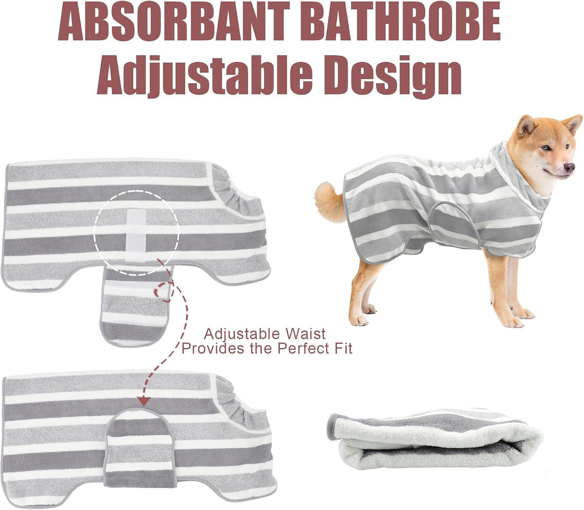 Fast‑Drying Dog Bathrobe, Absorbent Striped Pet Towel, Grey, M