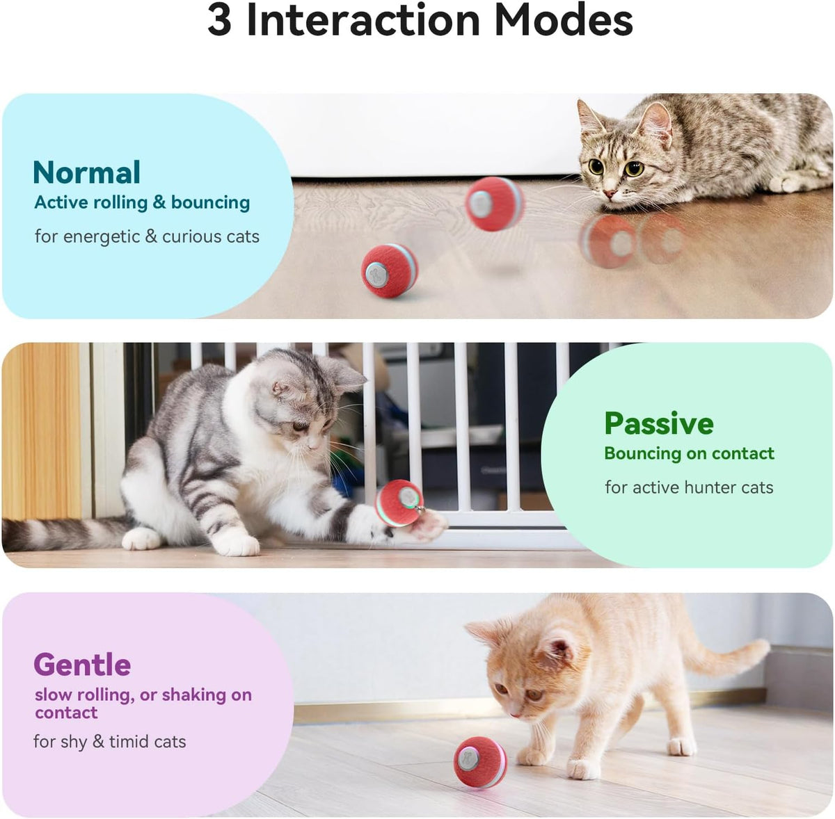 Interactive Cat Ball Toy, Automatic Moving Ball Toy for Indoor Cat Kitten, Electric Pet Toy Fun Gift with Light, High Energy Cat Toys, Red