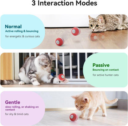 Interactive Cat Ball Toy, Automatic Moving Ball Toy for Indoor Cat Kitten, Electric Pet Toy Fun Gift with Light, High Energy Cat Toys, Red