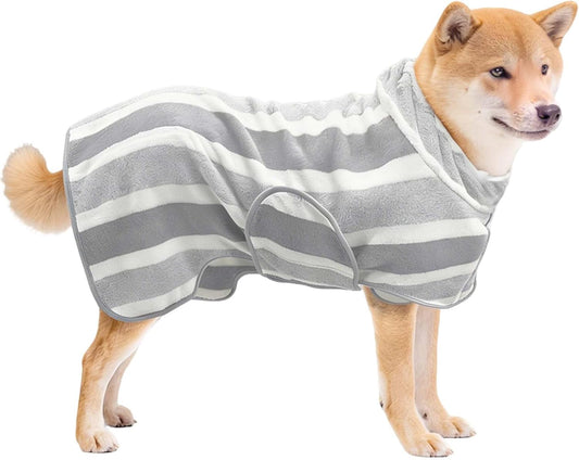 Fast‑Drying Dog Bathrobe, Absorbent Striped Pet Towel, Grey, M