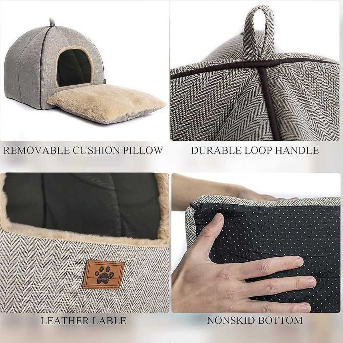 Cat Bed, Enclosed Warm Pet Cave Tent House with Removable Washable Cushioned Pillow, Soft Plush Hideout Nest for Indoor Kittens & Small Puppies