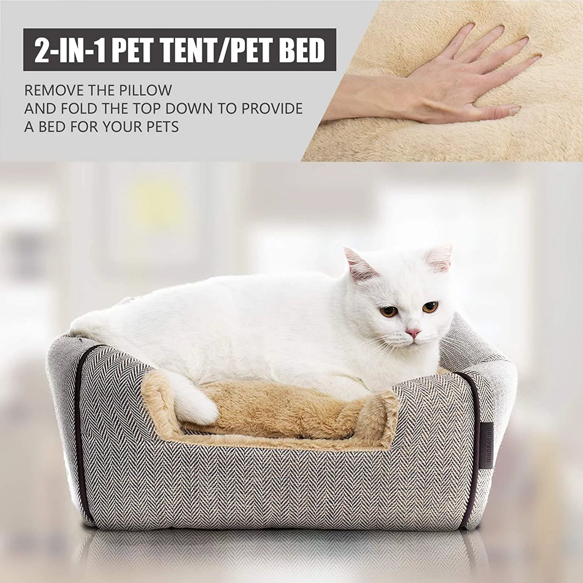 Cat Bed, Enclosed Warm Pet Cave Tent House with Removable Washable Cushioned Pillow, Soft Plush Hideout Nest for Indoor Kittens & Small Puppies