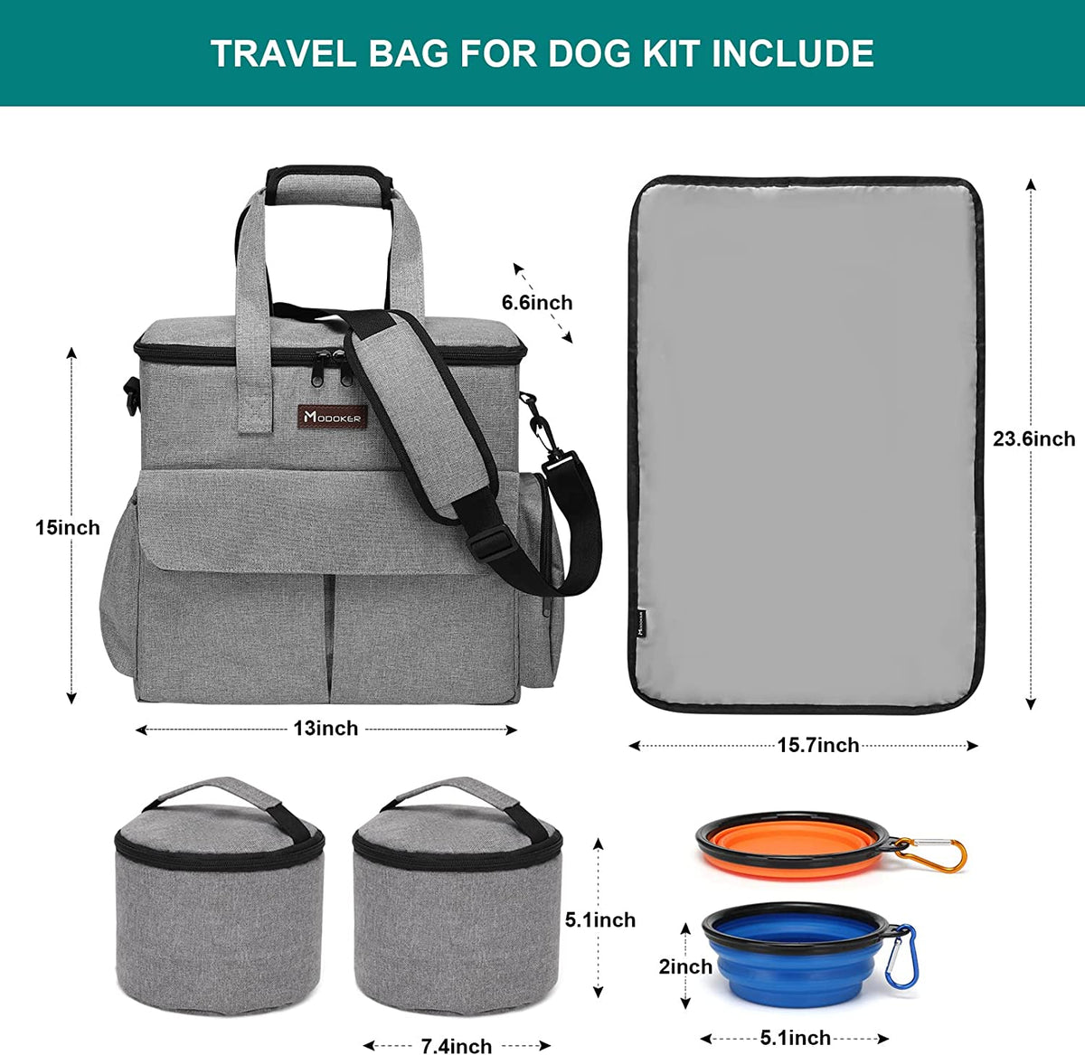 Premium Weekend Dog Travel Bag Set with Dual Food Bags, Two Bowls, and Mat in Grey
