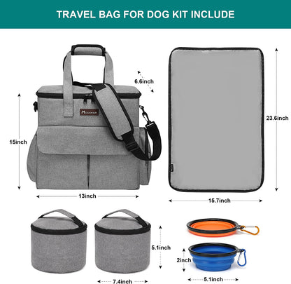 Premium Weekend Dog Travel Bag Set with Dual Food Bags, Two Bowls, and Mat in Grey