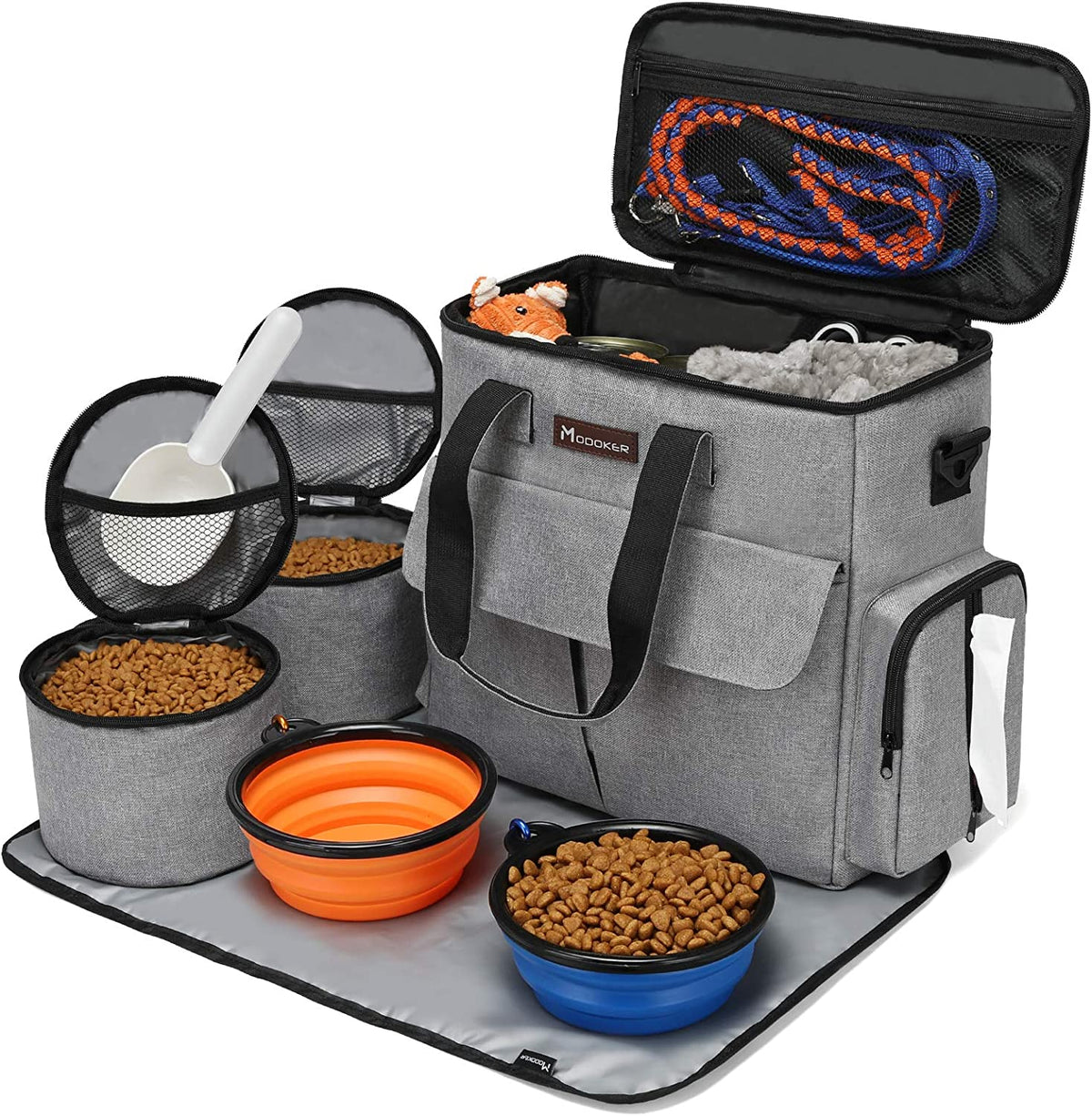Premium Weekend Dog Travel Bag Set with Dual Food Bags, Two Bowls, and Mat in Grey