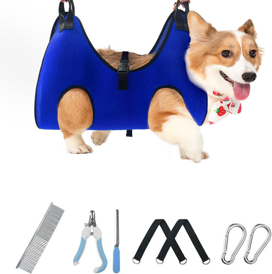 Dog Grooming Hammock Grooming Harness for Small Dogs Pet Grooming Hammock with Nail Clippers/Nail File/Comb Breathable Dog Nail Harness Hanging for Nail Trimming,Ear,Eye Care Home Grooming Set