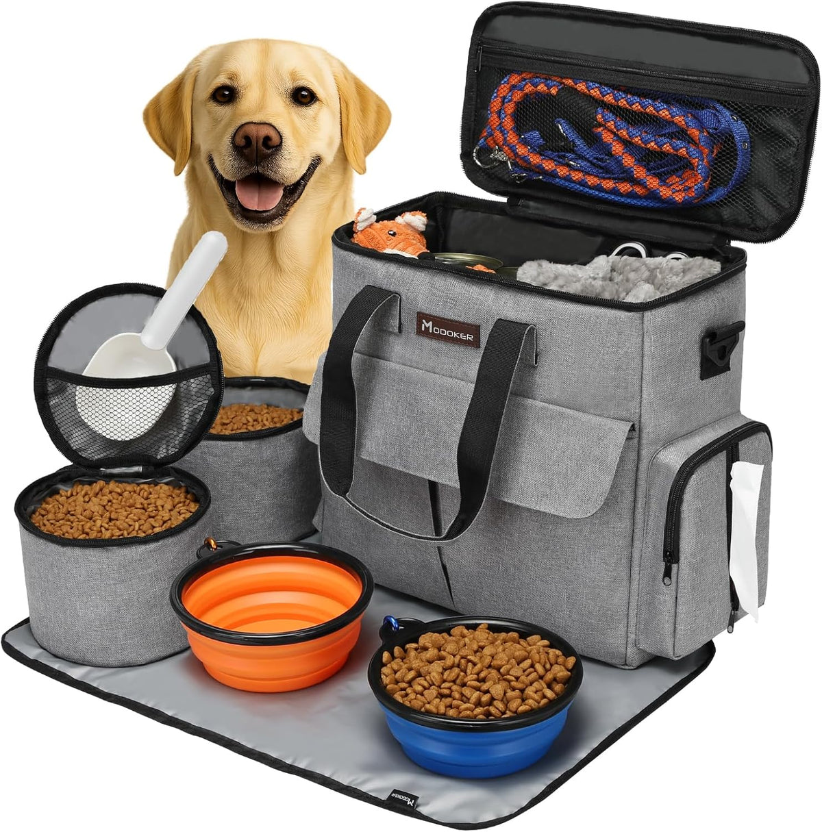 Premium Weekend Dog Travel Bag Set with Dual Food Bags, Two Bowls, and Mat in Grey