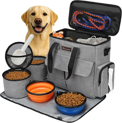 Premium Weekend Dog Travel Bag Set with Dual Food Bags, Two Bowls, and Mat in Grey