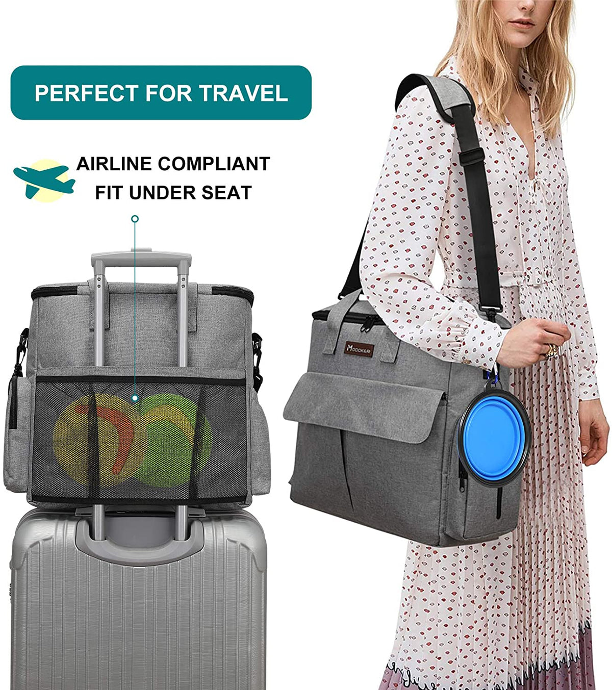 Premium Weekend Dog Travel Bag Set with Dual Food Bags, Two Bowls, and Mat in Grey