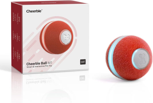 Interactive Cat Ball Toy, Automatic Moving Ball Toy for Indoor Cat Kitten, Electric Pet Toy Fun Gift with Light, High Energy Cat Toys, Red