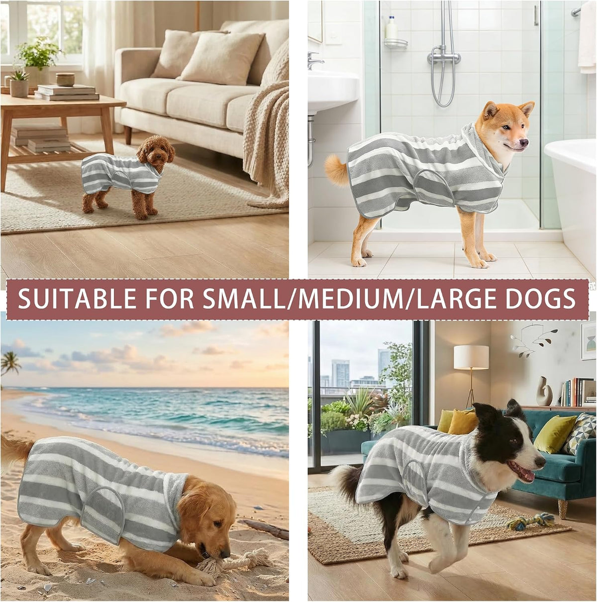 Fast‑Drying Dog Bathrobe, Absorbent Striped Pet Towel, Grey, M